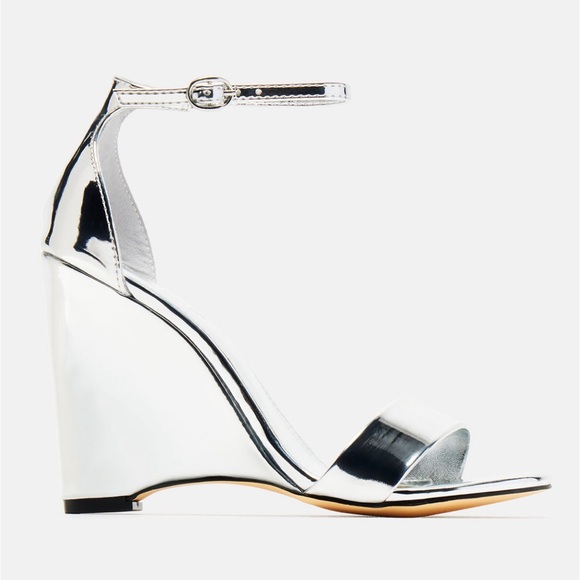 Silver 70s style platform wedge heels 7.5 New NWOB shiny metallic chrome disco - Picture 3 of 4